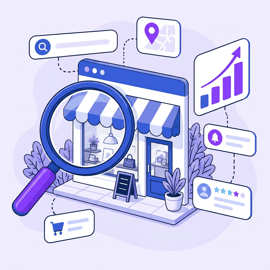 A magnifying glass reveals a welcoming local shop as online activity and enquiries grow around it